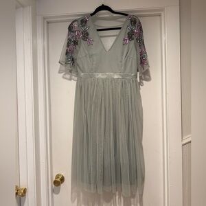 ASOS Sage Green Embroidered Tulle Midi Dress – Size 8